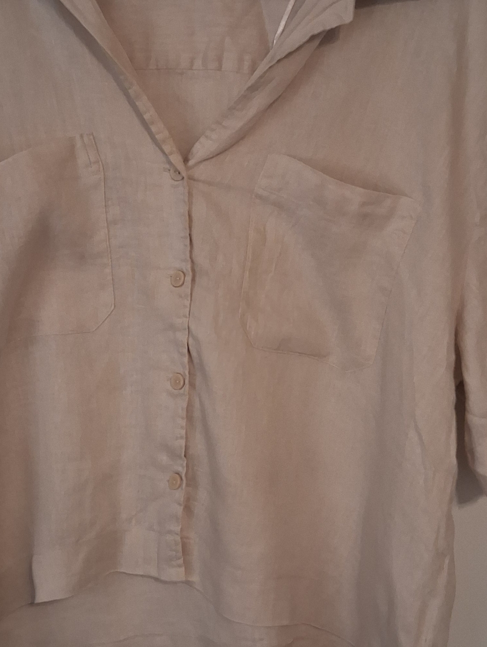 H&M Cream Short-Sleeve Button-Down Linen Blend Shirt